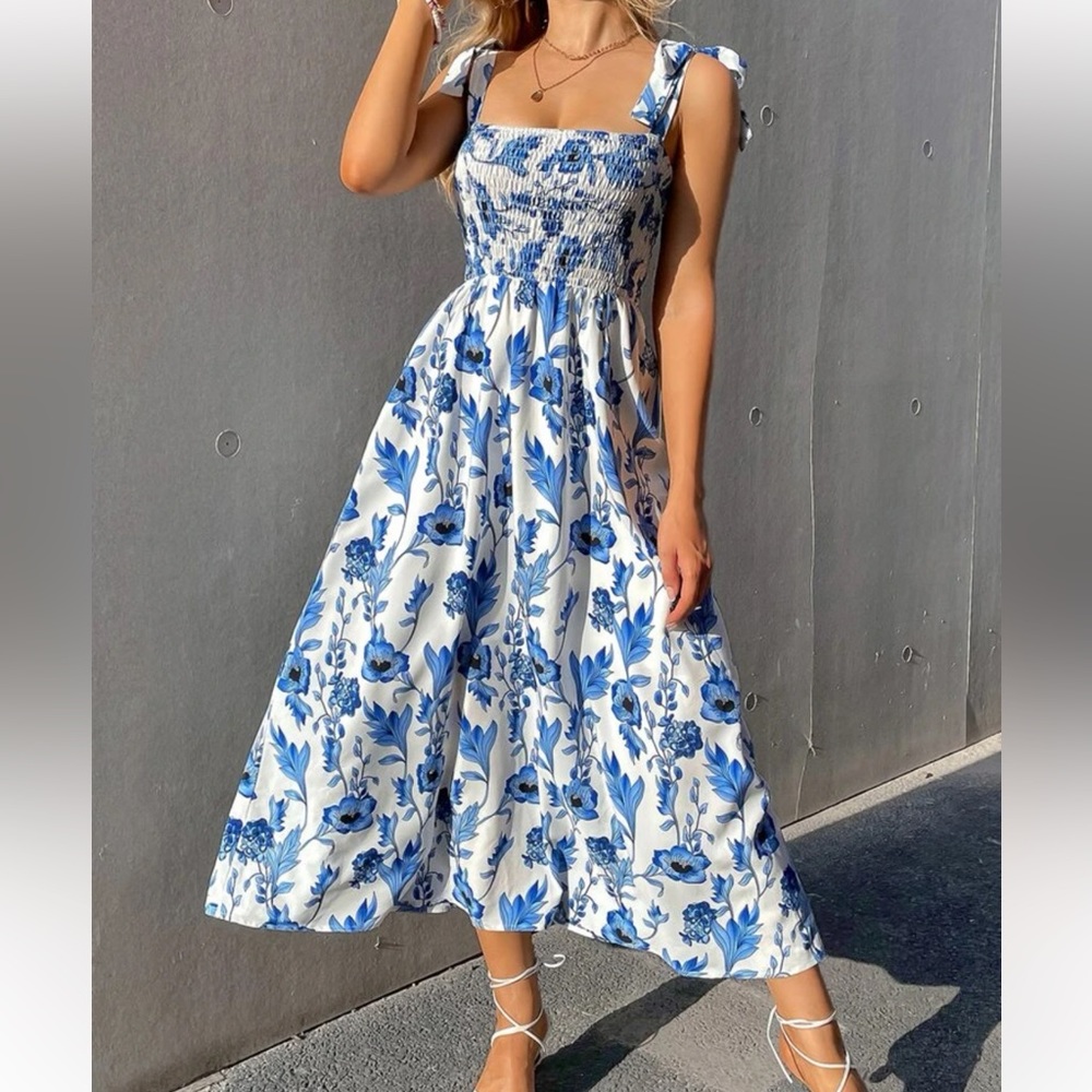 SHEIN blue and white floral midi dress